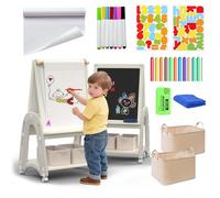 hoopyosms 3-in-1 Adjustable Kids Art Easel with Paper Roll, Double-Sided Whiteboard & Chalkboard, Includes Drawing Accessories, Ideal for Creative Play, White