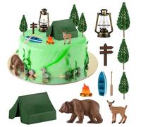 Hooqict 12 Pcs Camping Cake Decorations Set with Mini Tent, Campfire, Tree, Camp Sign, Safari Animals Camping Cake Toppers for Kids Adults Forest Themed Birthday Party Supplies