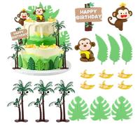 Hooqict 18Pcs Monkey Cake Decorations Set with Mini Banana Coconut Trees Happy Birthday Cake Toppers for Jungle Safari Animal Baby Shower Monkey Themed Birthday Party Decorations Supplies