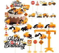 Hooqict 21Pcs Construction Cake Decorations Set with Mini Excavator Dump Truck Tractor, Traffic Road Sign, Tower Crane Cake Toppers & Cupcake Toppers for Kids Boys Construction Birthday Party Supplies