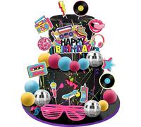 Hooqict 27 PCS 80s Cake Decorations 80s 90s Cake Toppers Retro 1980s Hip Hop Cake Decorations with Glitter Balls Cupcake Toppers for Neon Throwback Birthday Party Supplies