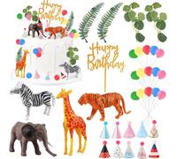 Hooqict 34 Pcs Safari Animal Cake Toppers with Mini Birthday Party Hats Party Animal Birthday Decorations Jungle Cake Decorations for Kids Wild Zoo Theme Party Decorations