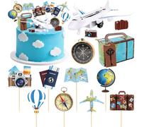 Hooqict 34 Pcs Travel Birthday Cake Topper with Mini Suitcase, Globe, Map, Airplane Cake Decorations for Travel Themed Party Decorations Let The Adventure Begin Around the World Party Supplies