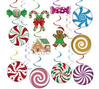 Hooqict 54Pcs Christmas Candy Hanging Swirls Party Decorations Candy Cane Gingerbread House Foil Swirl Ceiling Hanging Ornaments for Candyland Christmas Decorations Xmas Holiday Party Supplies