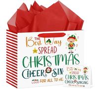 Hooqict Christmas Elf Gift Bag with Handles, Tissue Paper, Greeting Card Reusable Holiday Gift Bag for Kids Christmas Birthday Party Decorations Xmas Gifts Presents Wrapping