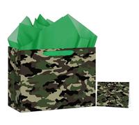 Hooqict Large Camo Gift Bag Camouflage Birthday Gift Wrap Bag with Handles, Tissue Paper, Greeting Cards for Kids Boys Men Military Army Birthday Party Decorations Goodie Treat Party Favors