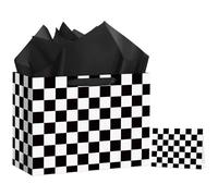 Hooqict Large Checkered Gift Bag Black and White Race Car Gift Wrap Bag with Handles, Tissue Paper, Greeting Cards for Kids Boys Snack Goodie Treat Candy Party Favors