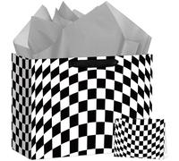 Hooqict Large Checkered Gift Bag Black and White Racing Car Gift Wrap Bag with Handles, Tissue Paper, Greeting Cards for Kids Boys Race Car Birthday Party Decorations Goodie Treat Party Favors