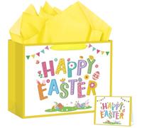 Hooqict Large Easter Gift Bag with Handles, Tissue Paper, Greeting Cards for Kids Easter Egg Basket Gift Bags Spring Birthday Goodie Treat Party Favors