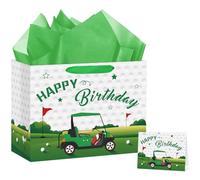 Hooqict Large Golf Gift Bag Golf Themed Birthday Party Gift Wrapping Bag with Handles, Tissue Paper, Greeting Cards for Kids Boys Men Goodie Candy Treat Party Favors