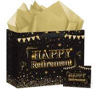 Hooqict Large Retirement Gift Bag Black Gold Happy Retirement Gift Wrap Bag with Handles, Tissue Paper, Greeting Card for Men Women Teacher Office Coworker Farewell Going Away Party Favors