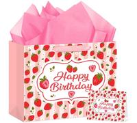 Hooqict Large Strawberry Birthday Gift Bag Pink Happy Birthday Gift Wrapping Bag with Handles, Tissue Paper, Greeting Card for Girls Kids Women Sweet Strawberry Party Decorations Supplies