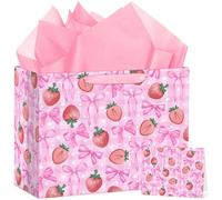Hooqict Large Strawberry Bow Gift Bag Pink Birthday Gift Wrapping Bag with Handles, Tissue Paper, Greeting Card for Girls Kids Women Sweet Strawberry Birthday Decorations Baby Shower Valentines