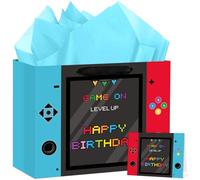 Hooqict Large Video Game Birthday Gift Bag Happy Birthday Gift Wrapping Bag with Handles, Tissue Paper and Greeting Cards for Kids Boys Men Gamer Themed Party Supplies