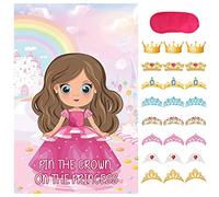 Hooqict Princess Party Supplies Pin The Crown On The Princess Party Games for Kids Girls Birthday Tea Party Pin The Tail Games Princess Party Decorations, Large Princess Poster with 24 Crown Stickers
