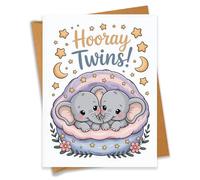 Hooray Twins Cute Baby Elephant Duo Baby Shower Card Pregnancy Gift For Expecting Mom Dad Newborn Congratulations New Parents - Size 6.3"x4.7" Blank Inside with Kraft Envelope