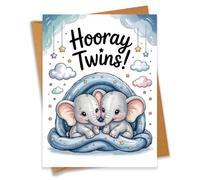 Hooray Twins Cute Elephant Baby Shower Card Pregnancy Gift For Expecting Mom Dad Newborn Congratulations New Parents - Size 6.3"x4.7" Blank Inside with Kraft Envelope