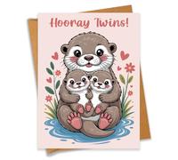 Hooray Twins Cute Otter Family Baby Shower Card Pregnancy Gift For Expecting Mom Dad Newborn Congratulations New Parents - Size 6.3"x4.7" Blank Inside with Kraft Envelope