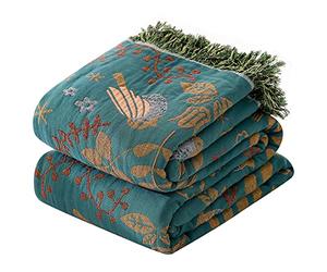 HOORDRY 100% Cotton Woven Blanket Pattern, Throw with Fringes, Double-Sided Boho Bedspread, 200 x 230 cm, Blue/Beige, Elegant and Cuddly Soft TV Blanket, Couch Armchair Reversible Blank