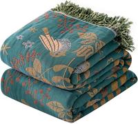 HOORDRY 100% Organic Cotton Double-Sided Teal Throw Blanket -130x150cm(50×60In), Bohemian Soft and Warm Cotton Blanket and Bed Spread for Single Armchair. Green/White.