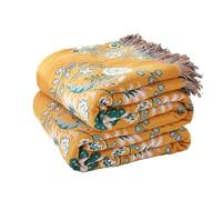 HOORDRY Bedspread 200 x 230 cm Cotton Reversible Blanket Cuddly Blanket Double-Sided Boho Blanket Yellow & Green with Fringes, Bed Throw Super Soft Cotton Material for TV or Nap on the Chair