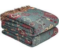 HOORDRY Boho Cotton Bed Throw Blanket with Dark Green Anemone Flower Pattern & Tassel Design - Ultra Soft Rustic Quilt for Farmhouse Decor, Sofa, Couch, Chair,RV - All Season 230x250CM (90"x98")