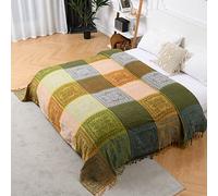 HOORDRY Chenille Woven Bedspread 220x260 cm, Sofa Blanket Throw Blanket for Couch Bed Sofa Chair, Cuddly Soft Couch Blanket Reversible Blanket Bed Throw, Green/Yellow