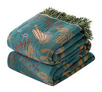HOORDRY Cotton Bed Throw with Tassels, Reversible Bohemian Throws for Sofas, Blankets for Bed and Couch Double/Twin Size, Woven Blanket for Sofa, Bedspread and Settee Travel,Green/Teal,150X200cm