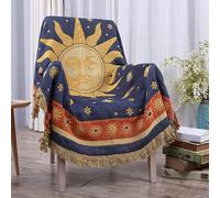 HOORDRY Moon and Sun Throw for Sofas,Boho Sofa Throw Blanket with Fringe,Reversible Throw for Single 2 seater Settees Armchair Couch and Bed. 130×180cm,Blue/Yellow