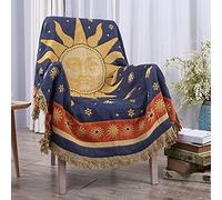 HOORDRY Sun and Moon Bedspread with Fringes, Double-Sided Cotton Woven Indian Blanket, 130 x 180 cm, Suitable as a Couch Blanket, Bed Throw, Armchair Blanket and also as a Sofa Throw, Yellow/Blue
