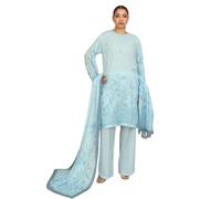 HOORE LONDON Women’s 3-Piece Stitched Sky Blue Lawn Suit | Embroidered Floral Kurta with Printed Dupatta & Straight Trousers | Ready to Wear Summer, Eid & Festive South Asian Outfit