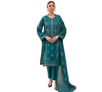 HOORE LONDON Women's 3-Piece Stitched Lawn Suit - Luxury Teal Embroidered Kurta with Sequined Front, Cotton Trousers & Designer Dupatta - Eid & Festive Summer Collection