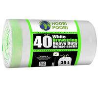 HooriPoori 30L litre 40 Drawstring Bin Bags Heavy Duty Swing Bin Liners Black Plastic Refuse Sacks tie top handle large Waste Dustbin Bags for Kitchen Home Office DIY Garden From Recycled Material