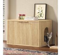 Hootata 31.5" Oak Cat Litter Box Enclosure Furniture, Large Decorative Hidden Litter Box Cabinet, Fluted Modern Bohemia Kitty End Table for Living Rooms, Entryways, or Bedrooms