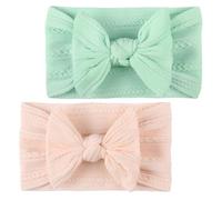 HOOTNEE 2pcs Headbands, Nylon Wide Textured Jacquard Bowknot Hair Accessories, Soft Pink and Mint Green Headdress
