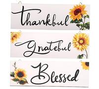 HOOTNEE 3pcs Rustic Sunflower Wall Decor Thankful Grateful Blessed Signs for Farmhouse Kitchen Living Room and Bar Decoration