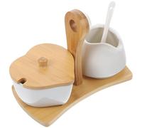 HOOTNEE Ceramic Sugar Bowl Set with Cream Pitcher Bamboo Tray