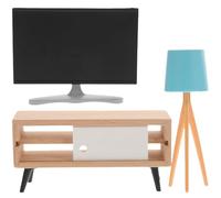 HOOTNEE Miniature TV Set with Black LCD Screen, White TV Cabinet Model, and Blue Desk Lamp - 3Pcs Dollhouse Furniture Accessories for Room Decoration and Dollhouse Scenes