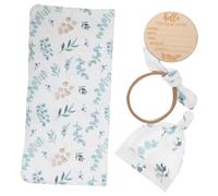 HOOTNEE Newborn Swaddle Blanket and Hat Set for Baby Boys and Girls, Soft Cotton Infant Receiving Blanket with Headband and Eucalyptus Leaf Print, Includes Wooden Birth Announcement Sign,