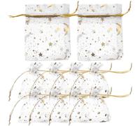 HOOTNEE Organza Drawstring Bags Prevents Small Items from Falling White 100pcs with Gold Foil Stars and Moons Elegant Cloth Jewelry and Party Favor Bags Easy to Open and Close