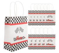 HOOTNEE Printed Racing Car Paper Bags Checkered Pattern 12pcs Medium Size Kraft Paper Wrapping Bags for Shopping and Birthday Presents