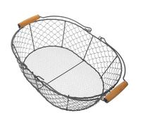 HOOTNEE Rustic Metal Basket with Wood Handle Iron Wire Kitchen Countertop Storage Organizer for Indoor Firewood Pantry Fruit and Sundries Grey Farmhouse Style Decorative Basket for Home