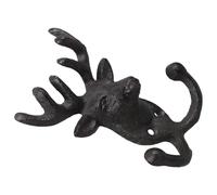 HOOTNEE Vintage Small Cast Iron Deer Head Wall Hook Double Coat Hanger Retro Animal Head Mounted Holder for Indoor Wall Decor and Key Organizer in Rustic Style