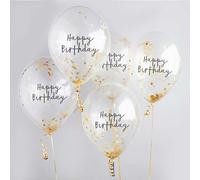 Hootyballoo 5 Pack Gold Happy Birthday 12" Confetti Balloons Partyware HBMM1118