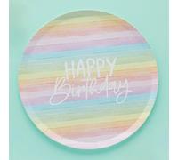 Hootyballoo Happy Birthday Paper Plates 23cm Pastel Rainbow Party 8 Pack Recyclable Eco-Friendly