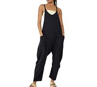 HOOUDO 1940s Dungarees Long Wide Leg Jumpsuits with Pocket Loose Casual Playsuits Summer Baggy Romper Overalls Ladies Fashion Playsuit Overalls Trousers Pants Buy Again My Orders A Black