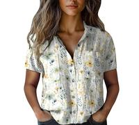 HOOUDO 2025 Linen Blouses for Women UK Boho Floral Summer Tops Short Sleeve Ladies Retro Tunic Top Ladies Loose Casual T Shirt Early Black of Friday Deals