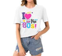 HOOUDO 80s T Shirts Women Retro Theme Party T-Shirt Oversized Round Neck Y2k Fancy Dress Costume Ladies Short Sleeve Summer Outfits Tops Blouse Tee Today On Clearance B White