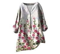 HOOUDO Add Card to My Account Summer Linen Tops for Women UK Long Sleeve V Neck Blouses Shirts Loose Casual Tunic Top Tee Ladies Button Down T-Shirt Pullover Plus Size