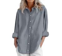 HOOUDO Amaon Prime History of My Orders Linen Tops for Women UK Long Sleeve Button Down Blouses Shirts Ladies Summer Casual T-Shirts Oversized Lightweight Tunic Top Tee Plus Size Grey